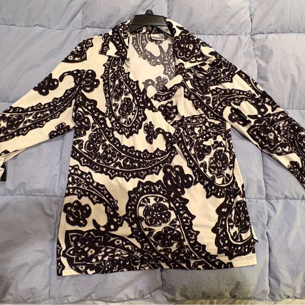 Chico's Black and White Paisley Wrap-Style Blouse